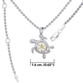 Swimming Turtle with Flower of Life Shell Silver and Gold Accent Pendant and Chain Set MSE973 - DiveSilver Jewelry